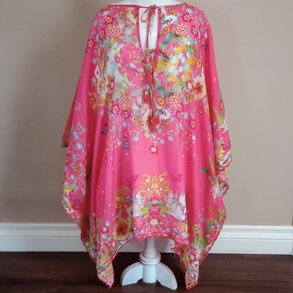 JohnnyWas NWOT 100% Silk Pink Floral Butterfly Boho Coverup Kimono Poncho Top OS